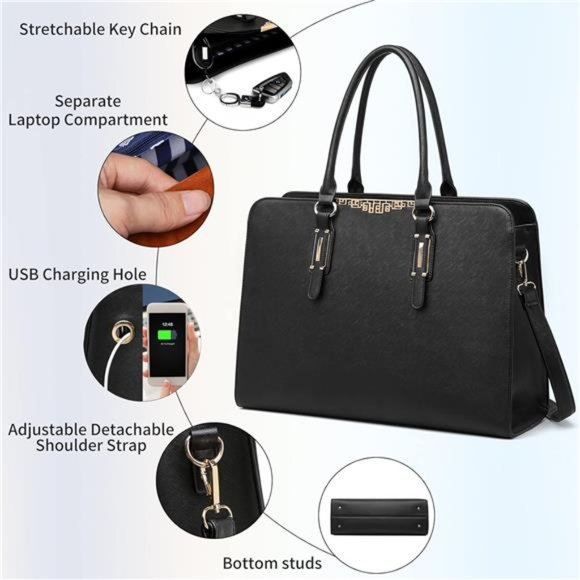 4pc Sets Laptop Bag for Women Large Leather Laptop Briefcase with USB Port - Picture 5 of 6